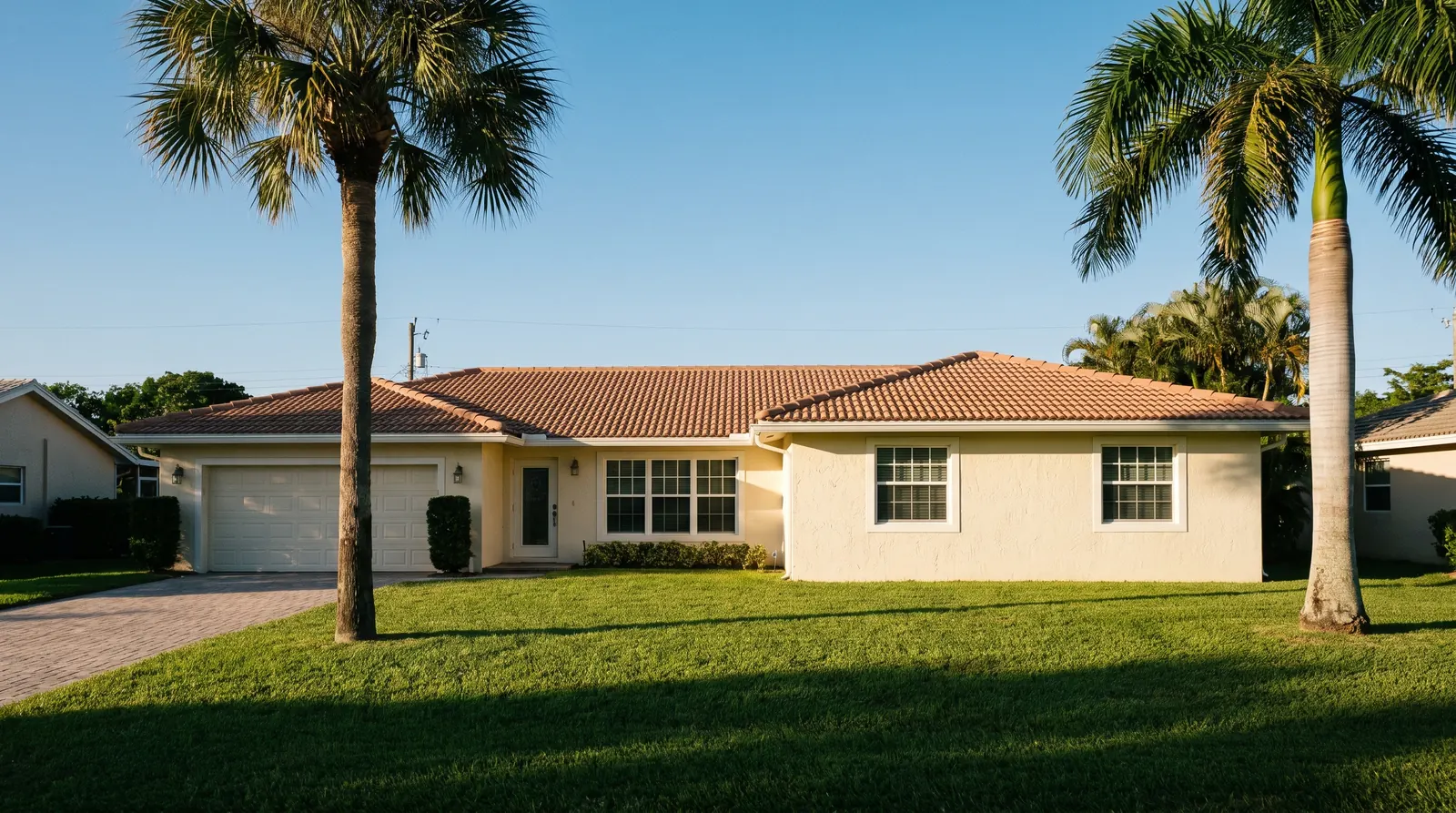Sunny Florida neighborhood street with stucco homes and palm trees