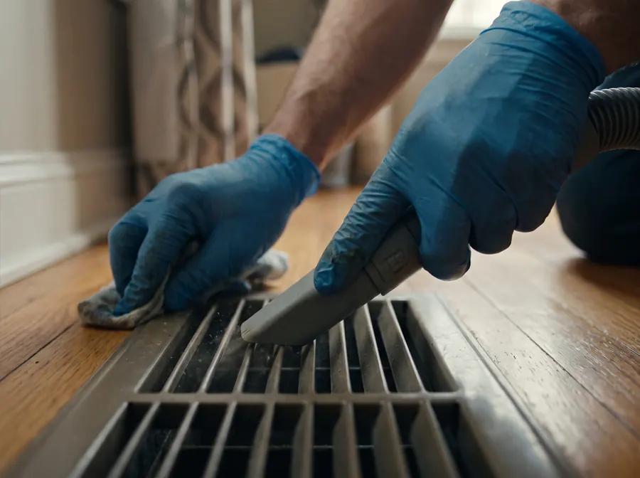 Technician cleaning a home air duct vent register with professional HEPA vacuum equipment