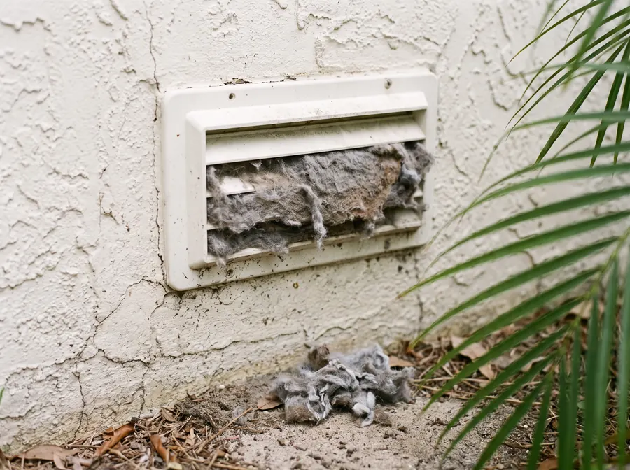 Clogged dryer exterior vent full of lint before professional cleaning